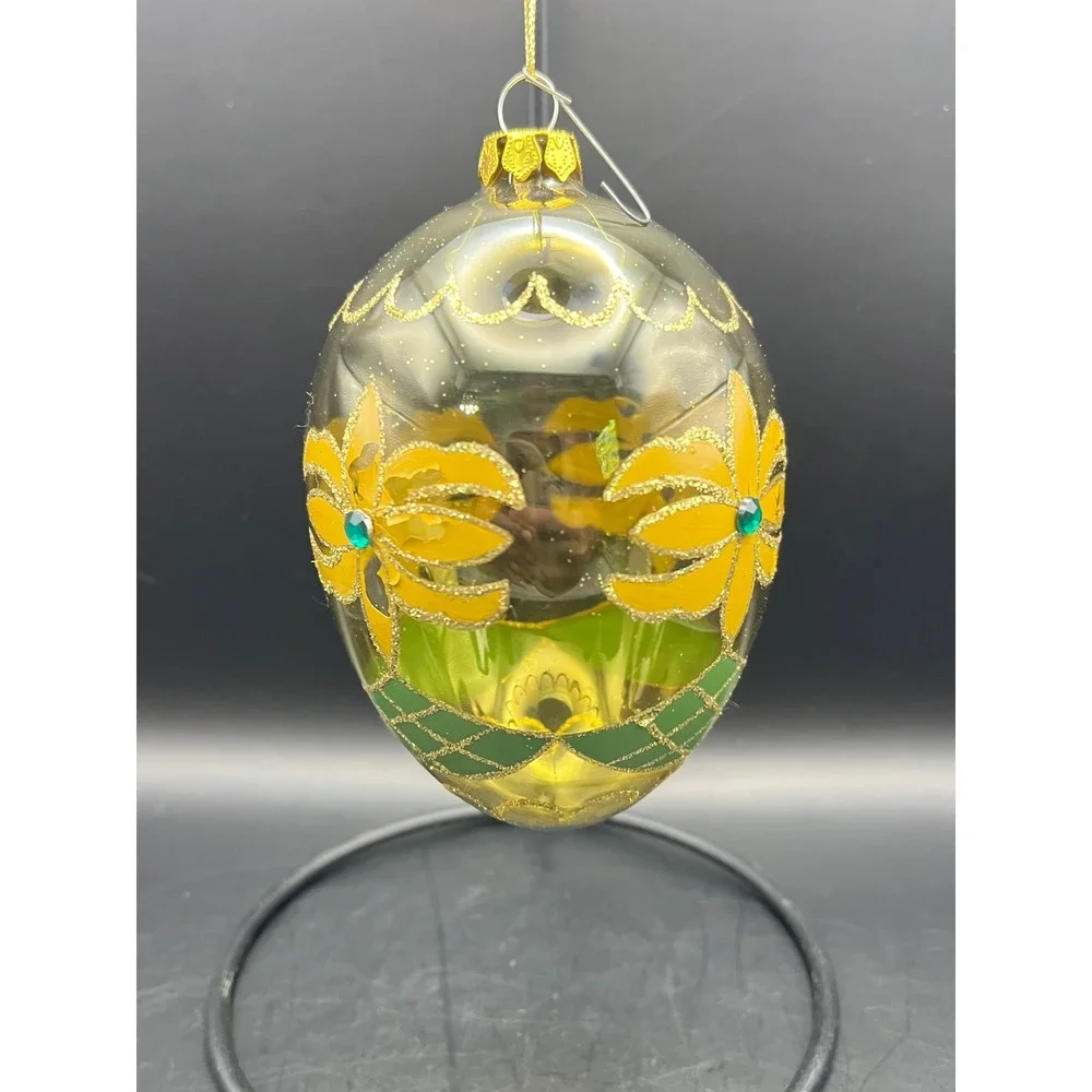 Vtg Hand Blown Egg-Shaped‎ Christmas Ornament Yellow Flowers Glitter Decoration